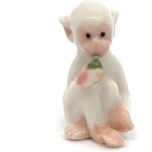 Handmade Adorable Mini Ceramic Animal Figurine – Porcelain Miniature Collectible Decor (White Capuchin Monkey)