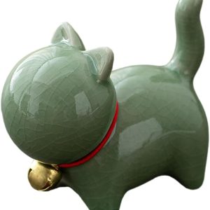 Ceramic Cat Figurine, Miniature Lucky Cat Statue, Mini Cute Cat Sculpture, Tea Pet Cat Tabletop Ornaments, Home Office Decoration, Micro Landscape Fairy Garden Decor, Car Dashboard Decor (Green)