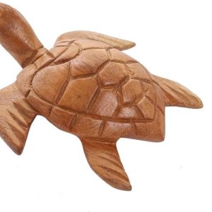 Thai Wooden Hand Carved Wooden Sea Turtle Statue, Sculpture Art Decorative Rustic Home Decor Accent Handmade Handcrafted Decoration (Natural Color)