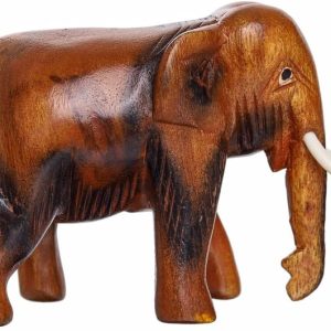 4" Thai Wooden Hand Carved Wooden Elephant Statue, Sculpture Art Decorative Rustic Home Decor Accent Handmade Handcrafted Decoration (Brown)