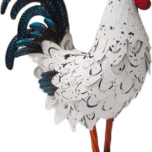 Metal Rooster Decor， Chicken Animal Yard Art Lawn Ornament Figurines Artwork for Outdoor, Patio,Backyard and Home Kitchen Decoration (White)
