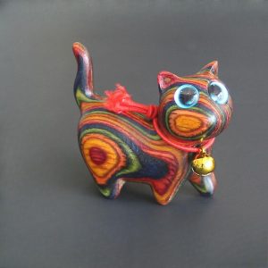 Handmade Rainbow Wooden cat Figurine Animal Carving Statue Office Desk Study Home Decor 1.5'' (Big Eye)