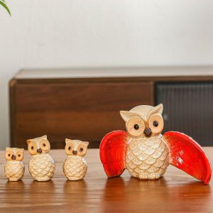 Ceramic Owl Statue Family Set, Animal Sculpture Decor for Home Suitable on Table, Desktop, Shelves (4 Owls Family)