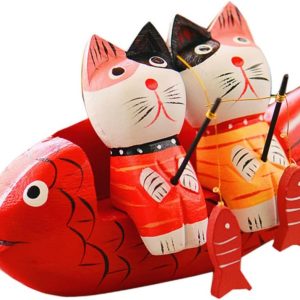 1 Set Romantic Couple Figurines Fishing Couple Cat Miniature Fishing Cat Figurine Statue His and Her Figurine Fishing Ornaments Lovers Small Wooden Animal