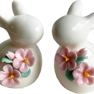 Set of Mini Ceramic Rabbit Figurines, Porcelain Easter Bunny Decorations for Home, Tabletop Ornament, Tea Ceremony Pet (2-Flower)