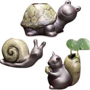 Cute Ceramic Garden Figurines Statue Set of 3 Turtle,Snail, Squirrel, Sculptures Ornaments for Home Office Desk Table Bookshelf Decor and Gifts