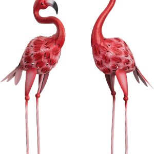 Metal Flamingo Garden Statues Red Flamingo Yard Art Outdoor Sculptures for Home Patio Lawn Backyard Décor, Set of 2