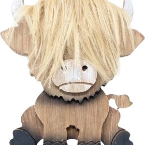 Highland Cow Wooden Figurine with Stand – Long Hair Statue for Rustic Home Country Kitchen or Office Décor Farmhouse Table Shelf Display Accent & Unique Gift Animal Lovers