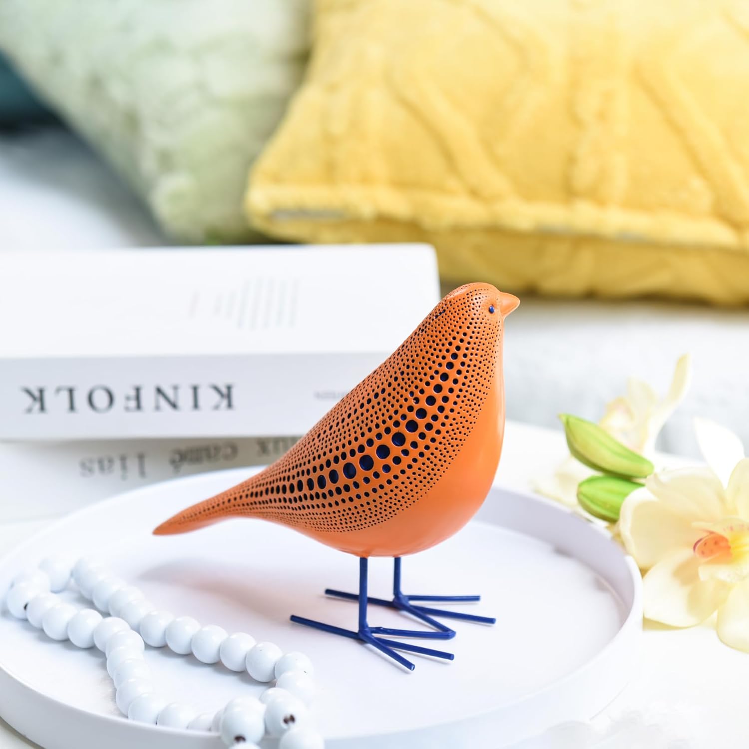 Bird Figurine, Modern Sculpture and Statues for Home Decor, Animal Statues for Bookshelf, Table, Entryway, Fireplace, Resin Decorative Sculpture with Chic Polka Dots Art Design (Orange) - Image 2