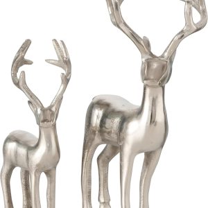 Whole House Worlds Rustic Reindeer Figurines, Set of 2, Handmade, Cast Silver Aluminum, 10.25 and 14.25 Inches