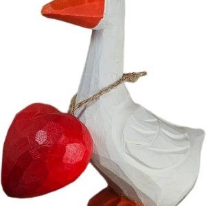 Hand Carved Wooden Goose Figurine with Red Heart - 4 Inch Cute Animal Statue for Home Decor, Shelf, Nightstand - Unique Valentine’s Day for Her, Wife, Girlfriend - Rustic Accent