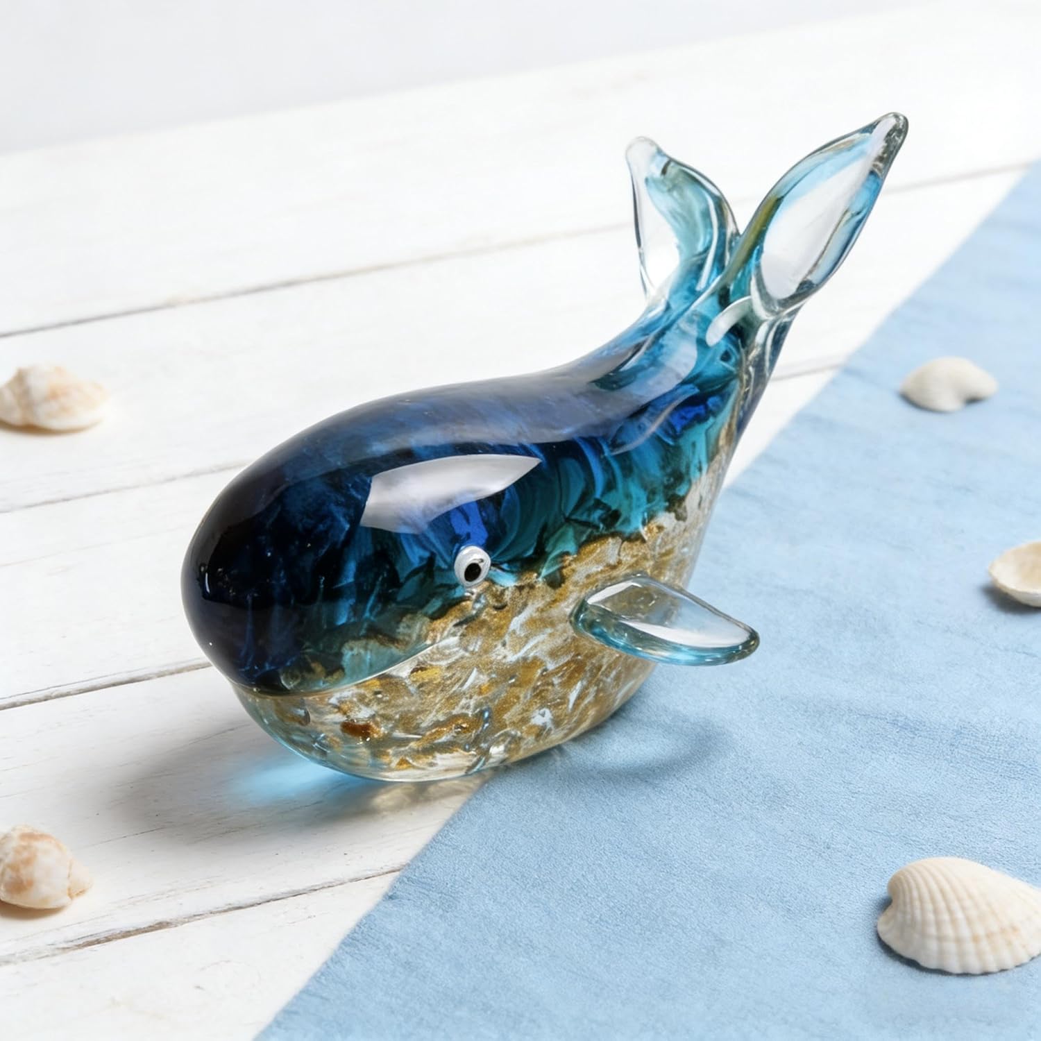 5.9In Hand Blown Art Glass Whale Figurine Decoration,Crystal Glass Whale Statue Marine Animal Sculpture Paperweight Glass Art Crafts for Home Office Decor Desktop Ornaments Tabletop Bookshelf Gift - Image 2