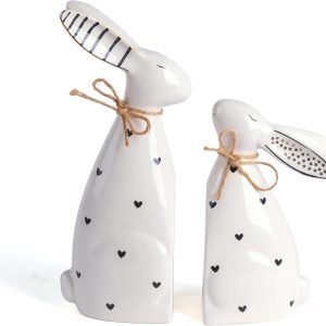 Easter Bunny Decorations for Home, 2Pcs Ceramic White Rabbit Statue Figurine Spring Decor, Easter Gift Tabletop for Indoor Outdoor Garden Lawn Yard Decor Table Centerpieces