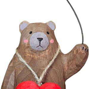 Hand Carved Wooden Bear Figurine with Red Heart - Cute 4 Inch Animal Statue for Rustic Home Decor - Romantic Valentine's Day, Anniversary, & Birthday Gift for Her, Him, or Couples - Gift Box Included