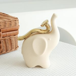 Minimalist Ceramic Elephant Statue with Gold Snake – Elegant Modern Home Decor, Feng Shui Lucky Elephant Figurine, Handmade Animal Sculpture for Living Room, Office, Bedroom, Housewarming Gift.