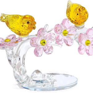 Pink Crystal Flowers with Couples Yellow Birds Gifts Glass Floral Animal Collectible Figurines Presents for Newlyweds Married Couple Housewarming Ornaments for Parents (Yellow)