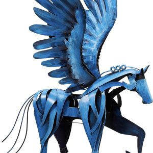 Horse Statue Décor Artwork, 24" H Handmade Metal Pegasus Greek Flying Horse Sculpture, Hand-Painted Animal Figurines for Home Living Room Office (Vintage Blue with Wings)