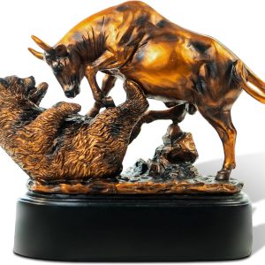 Bull and Bear Statue  Decor, 9x9.5 Resin Finance Desktop Decor Figurine for Traders and Investors with Bronze-Like Finish, Stock Markets